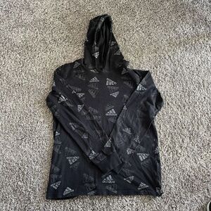 Adidas Hoodie Youth Large 14-16 Black Tee Pullover All Over Logo Spell Out N199